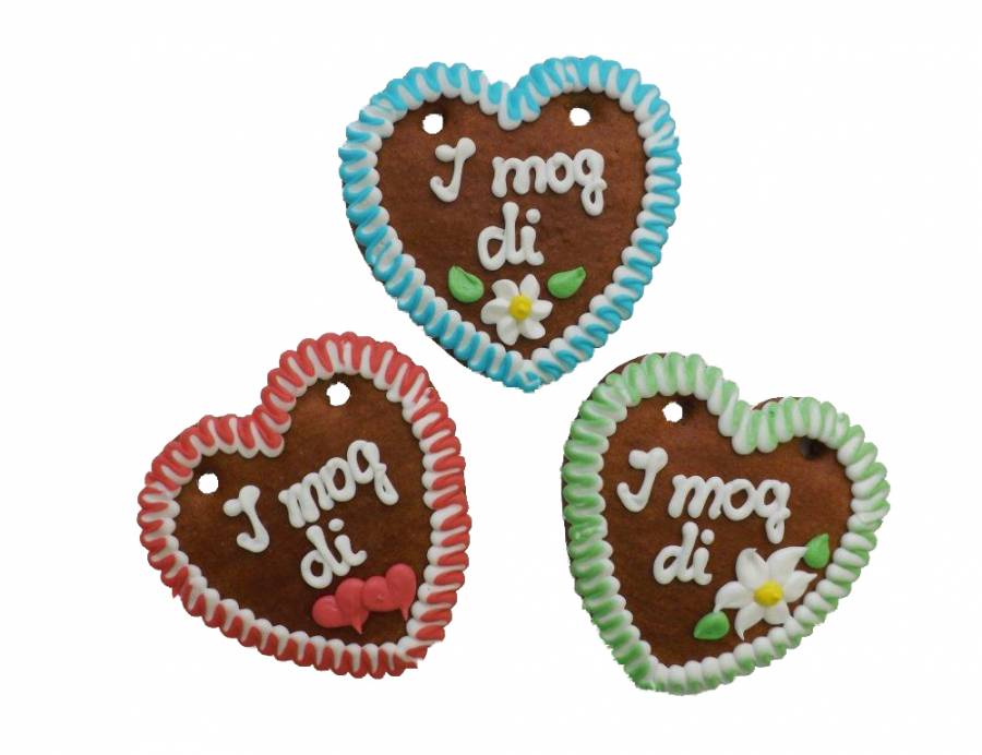60 Lebkuchenherzen im Karton Spruch „I mog di“ 10 cm mit bunten zweifarbigen Rändern ,60 Stück im K 