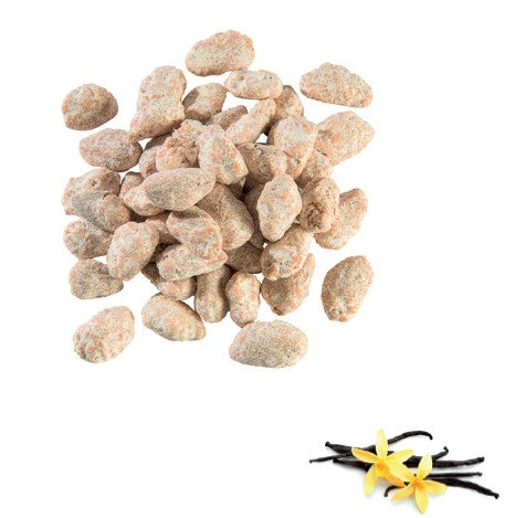 Gebrannte Mandeln Vanille in a clear bag, showcasing the sweet, caramelized almonds from Lebkuchenherz München Schifferl.