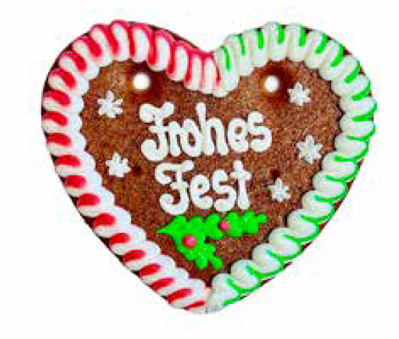 Lebkuchen Weihnachtsherz 14 cm with "Frohes Fest" design, 70 pieces in a decorative carton by Lebkuchenherz München Schifferl.