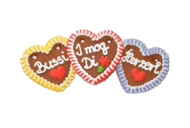 Lebkuchenherzen im Karton bayrisch bunt, Liabs Herzl, Spatzl, Mausi 10 cm, 60 Stück im Karton