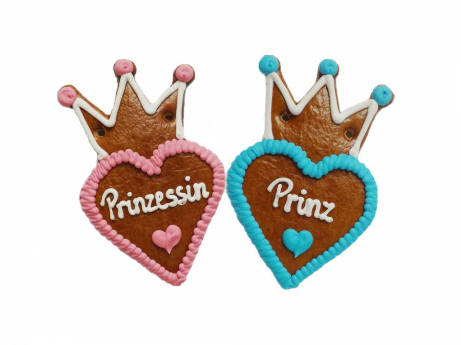 Lebkuchenherzen mit Krone 10 cm ,Prinzessin und Prinz  40 Stück im Karton