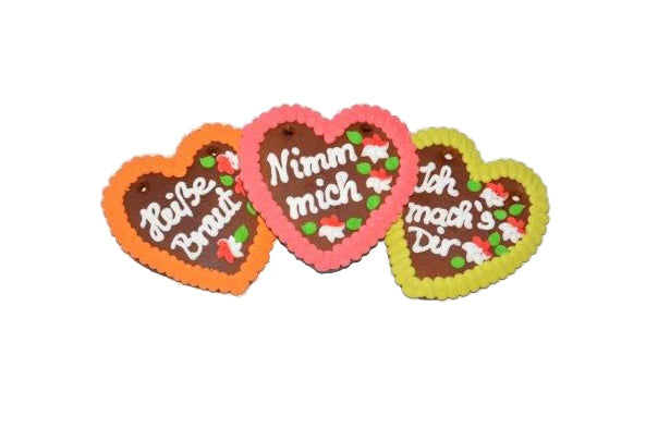 Wiesn Lebkuchenherzen Spruch 15 fach sortiert.13 x 14  cm ,60 Stück im Karton 