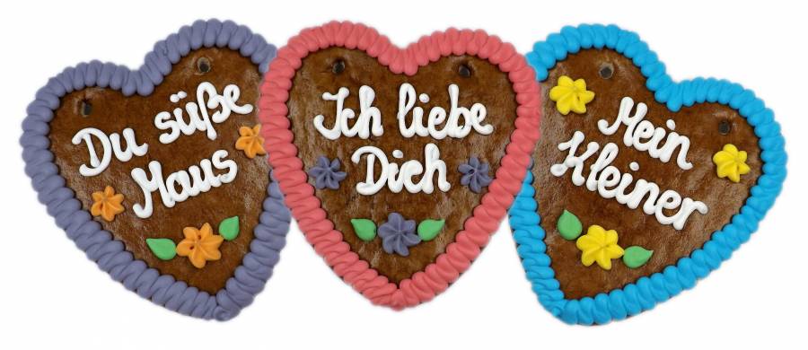 Wiesn Lebkuchenherzen Sprüche 20-fach sortiert,azo-frei , 60 Stück im Karton 