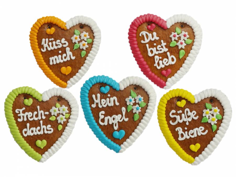 Wiesn Lebkuchenherzen Sprüche 40-fach sortiert,Oktoberfest, 60 Stück im Karton 